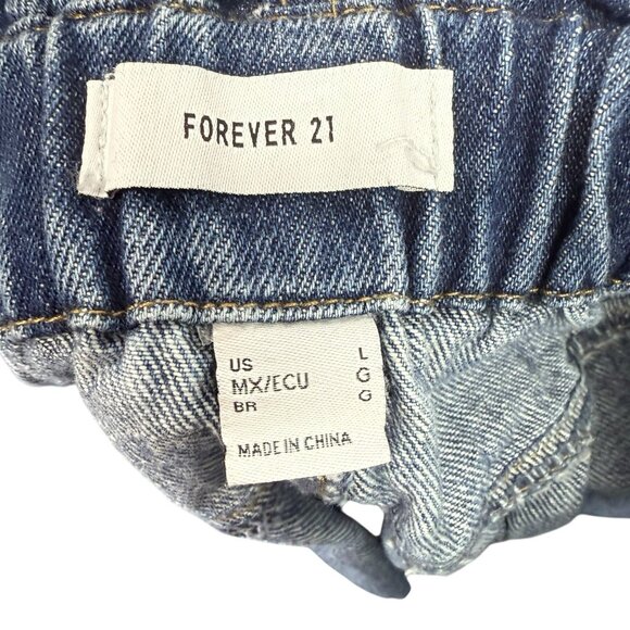 Forever 21 Sz L Jean Shorts Elastic Waist Distressed Rolled Hem Hi-Rise Blue Y2K - Picture 4 of 6